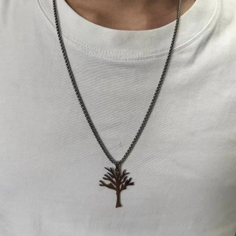 Natural Style Tree of Life Pendant Necklace in Stainless Steel with Polished Finish, Heart and Geometric Shape, for Men