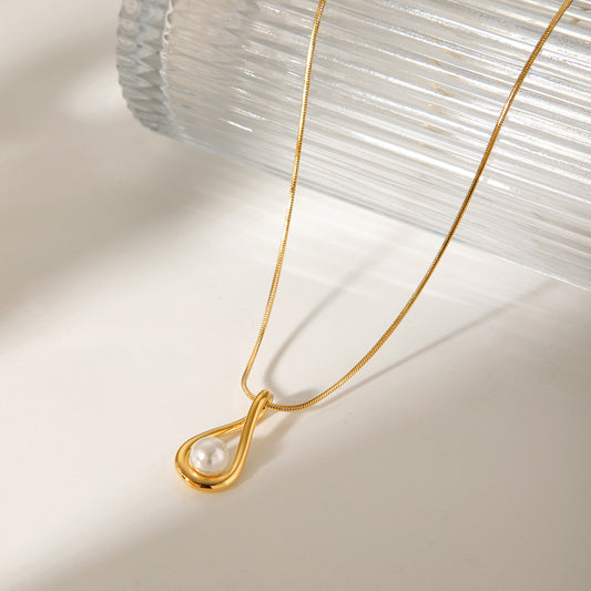 Minimalist Water Drop Pendant Necklace for Women Stainless Steel with Pearl Inlay Snake Chain Luxury Necklace