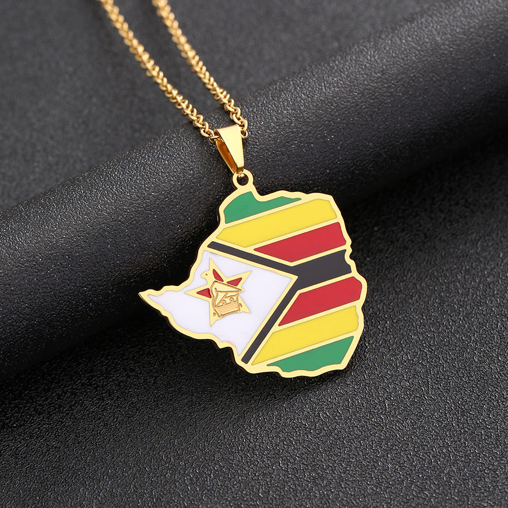 Collana con Pendente Mappa Geometrica dello Zimbabwe in Acciaio Inossidabile con Ciondolo in Acciaio al Titanio, Catena a O Elettroplaccata, Accessorio di Moda Unisex