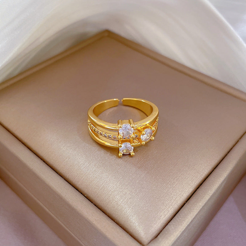 Luxury Minimalist Adjustable Three-Tier Ring with Full Rhinestone Inlay Crown Design for Women Daily Wear and Couple Matching