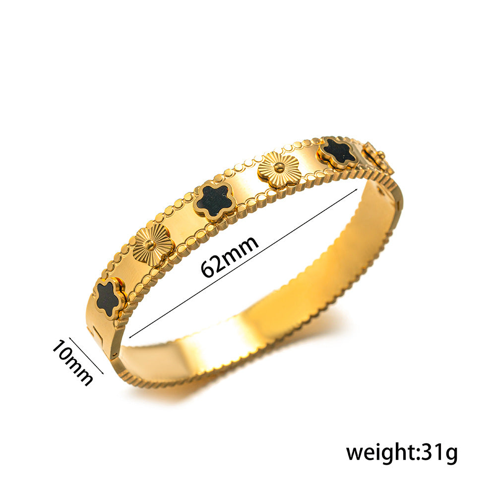 Minimalist Five-Petal Floral Titanium Steel Bracelet for Women with Polished Finish and Hypoallergenic Plating