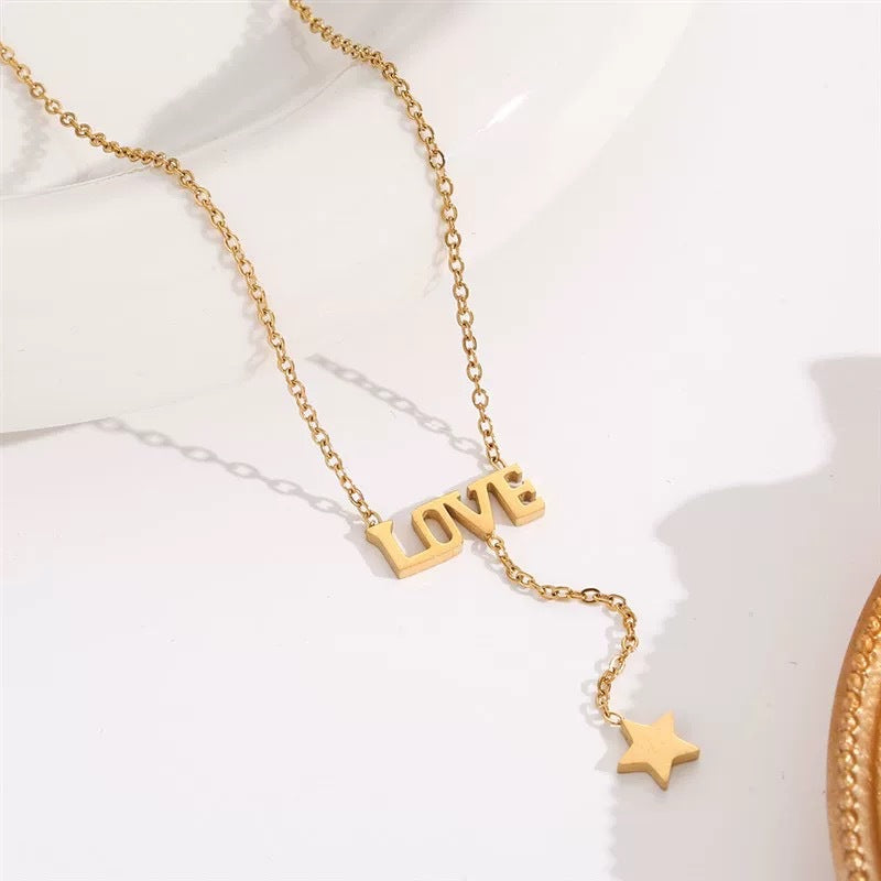Minimalist Love Letter Pendant Necklace with Star Charm in Titanium Steel for Women