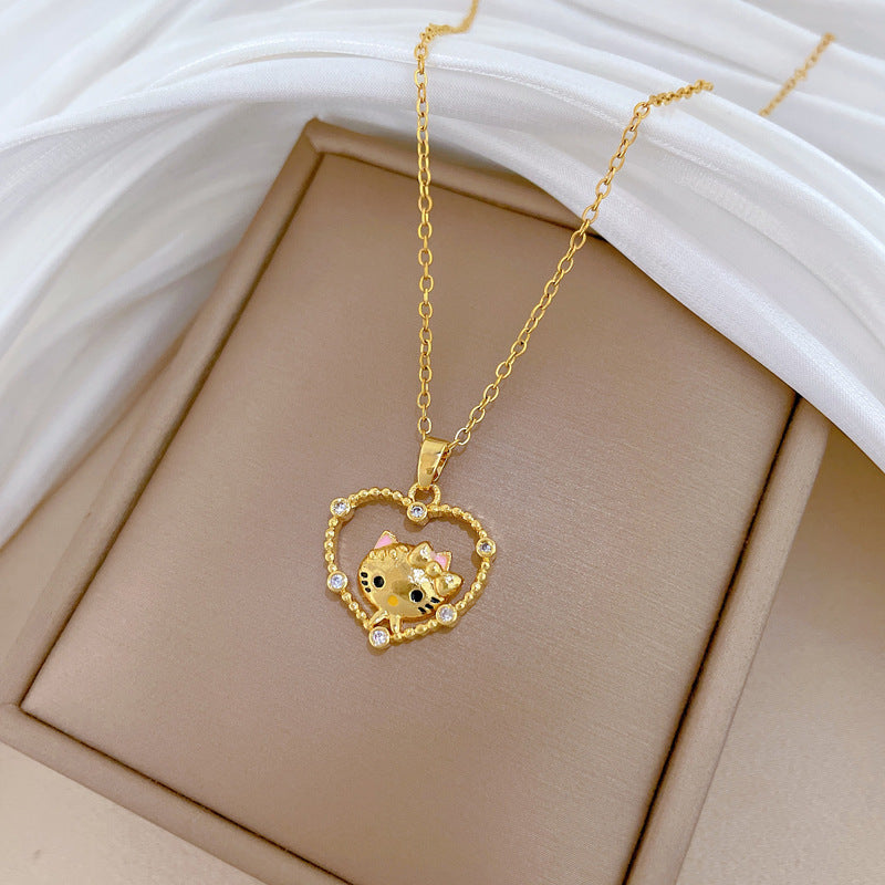 Minimalist Sweet Geometric Cat Rhinestone Pendant Titanium Steel Necklace for Unisex