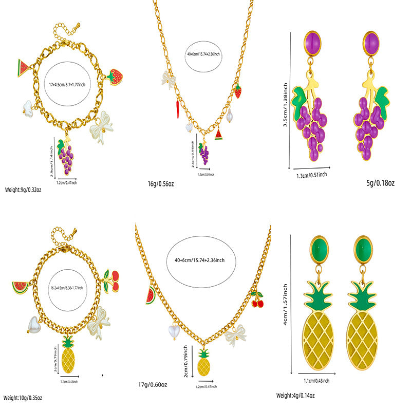 Elegant Cartoon Drip Oil Plated Stainless Steel Butterfly Fruit Jewelry Set with Serpentine Chain for Women