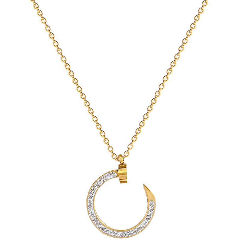Minimalist Fashion Geometric Rhinestone Collar Chain Necklace in Titanium Steel with Gold Plating