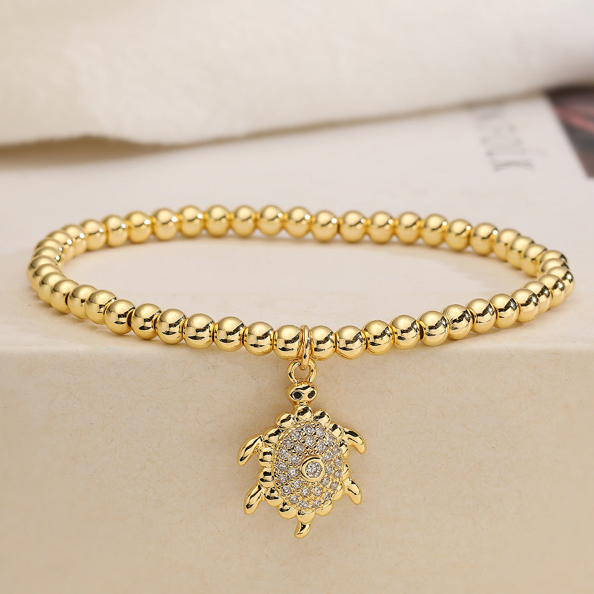 Fashion Cute 18K Gold Plated Cubic Zirconia Turtle Animal Brass Ball Chain Bracelet for Women