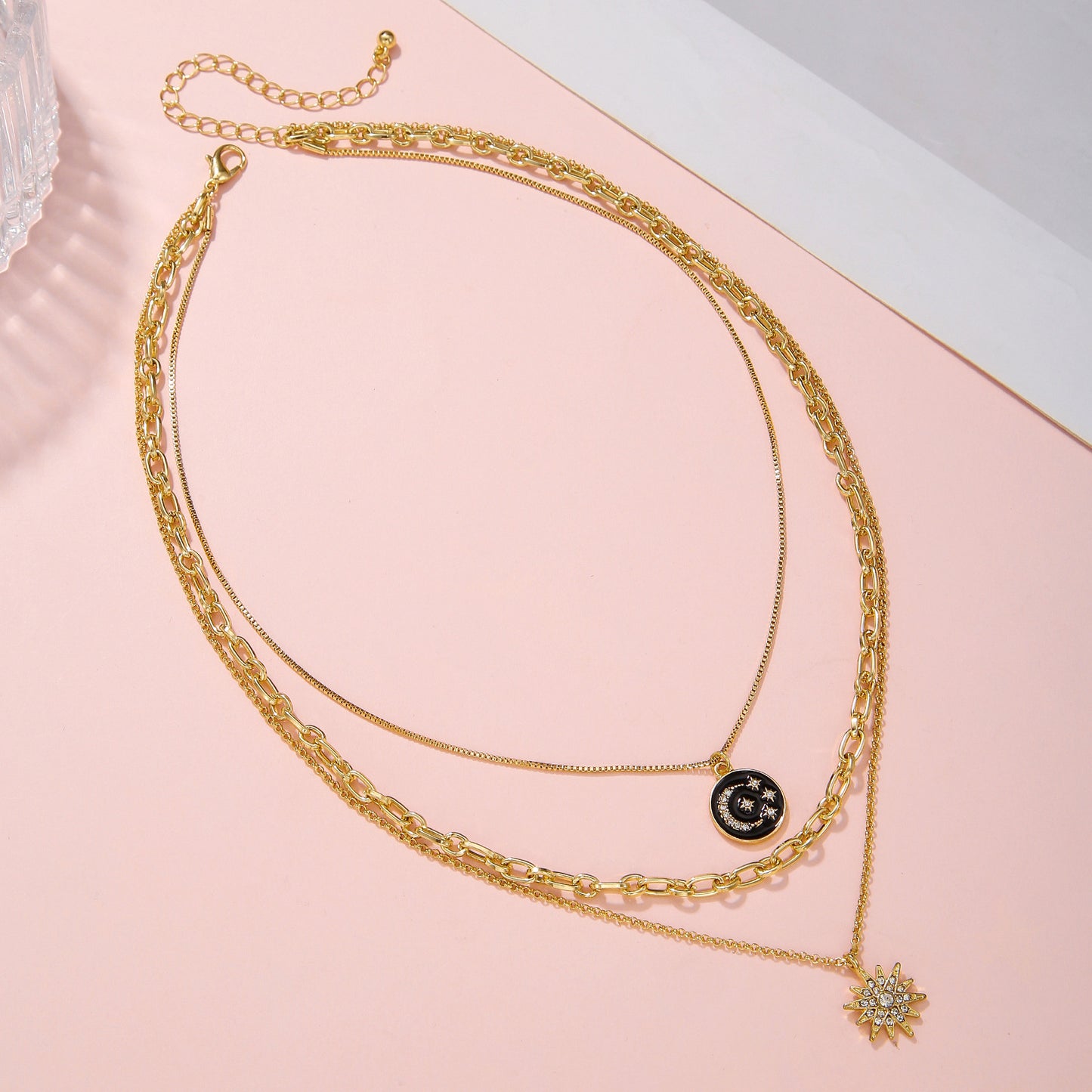 Gold Plated Drip Oil Star Moon Rhinestone Alloy Necklace for Women