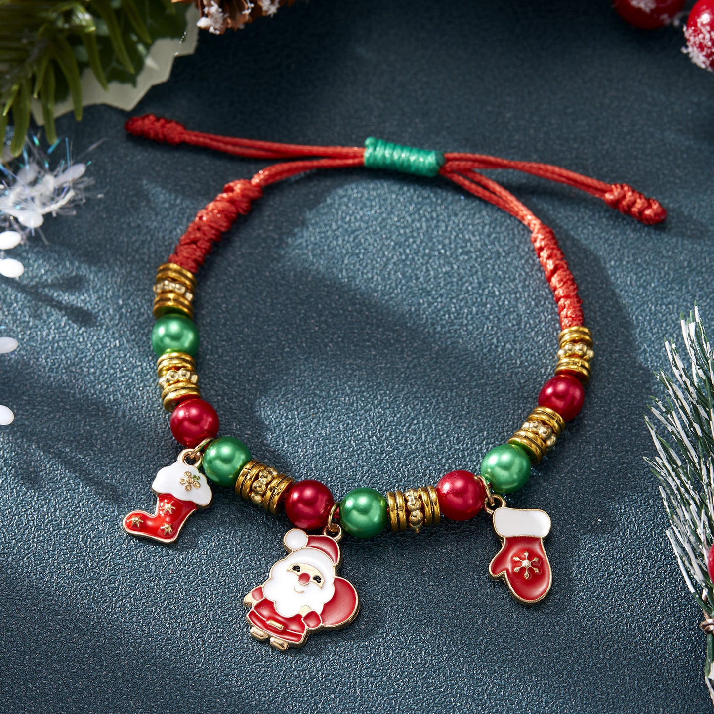Pulsera de Navidad Ajustable Hecha a Mano con Dijes de Papá Noel y Copo de Nieve, Diseño Geométrico de Aleación, Accesorio Festivo para Fiestas