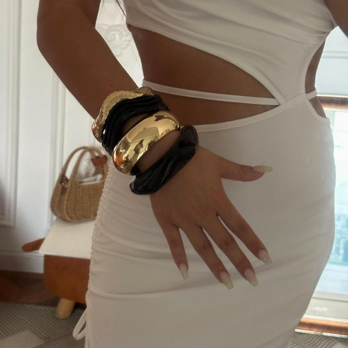 Vintage Geometric Alloy Plated Wide Cuff Bracelet for Women