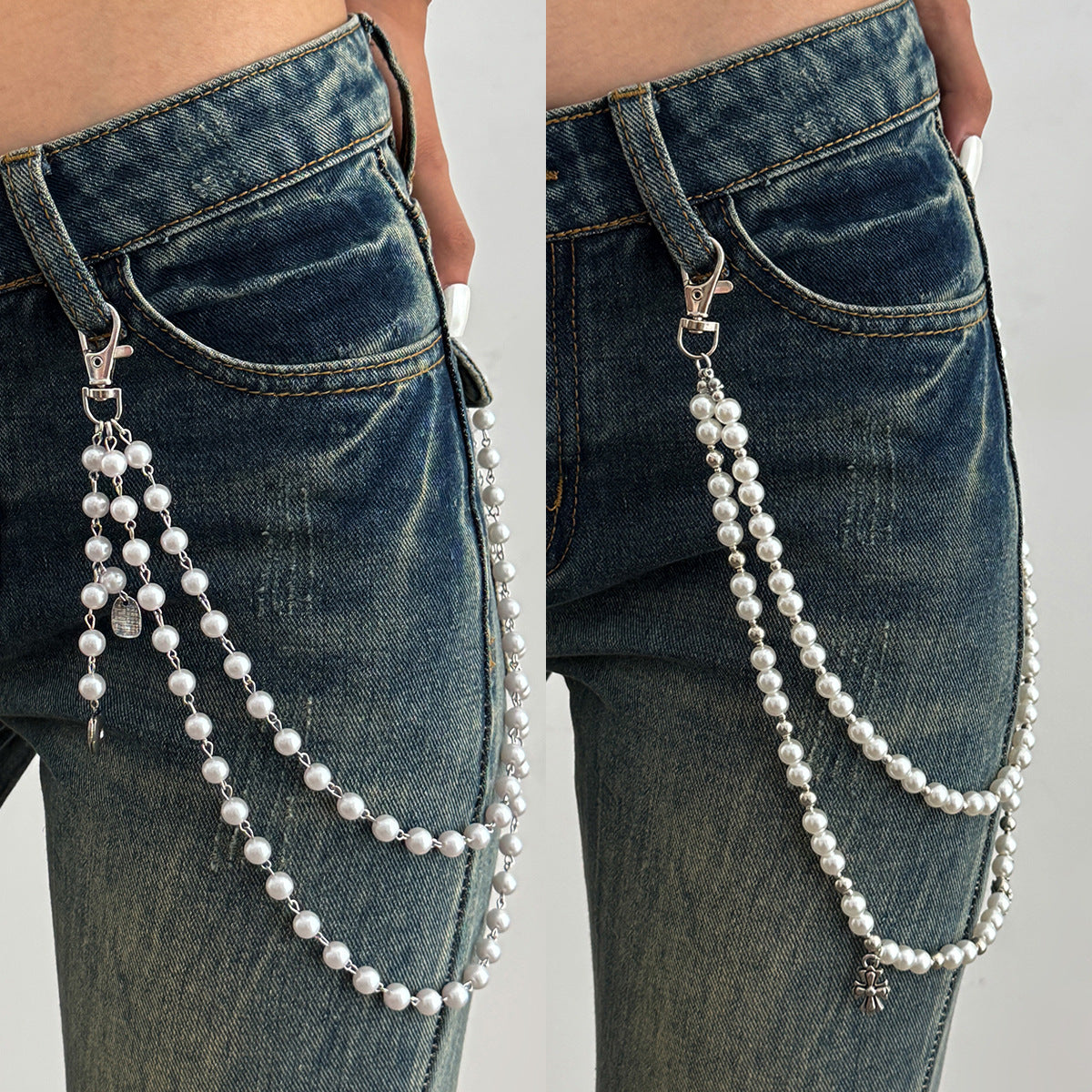 Punk Minimalist Cross Pendant Zinc Alloy Imitation Pearl Beaded Waist Chain
