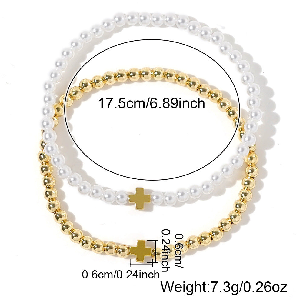 Luxury Elegant Geometric Cross Imitation Pearl Brass Bracelet Set for Women
