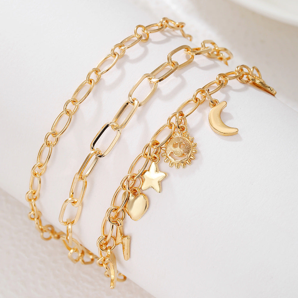 Minimalist Gold Plated Alloy Heart Star Moon Geometric Cuban Link Chain Anklet for Women