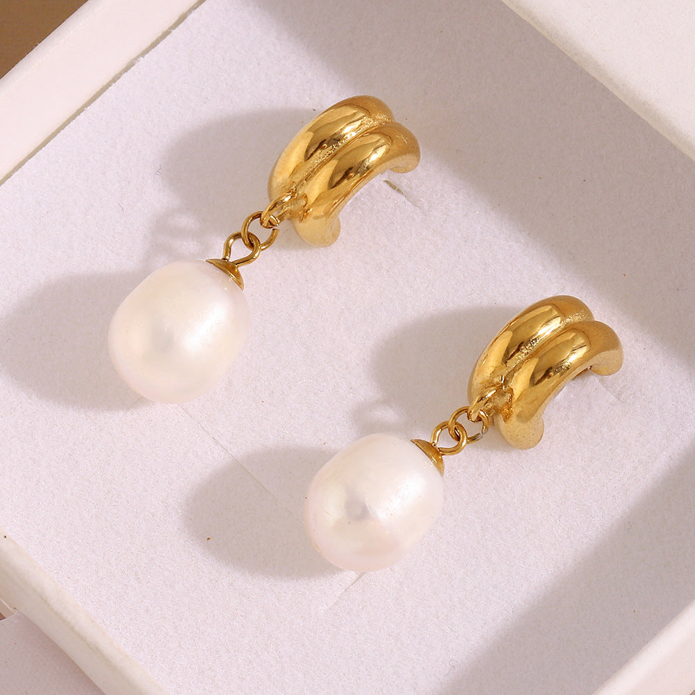 Minimalist Vintage Geometric Stainless Steel 18K Gold Plated Pearl Stud Earrings for Women