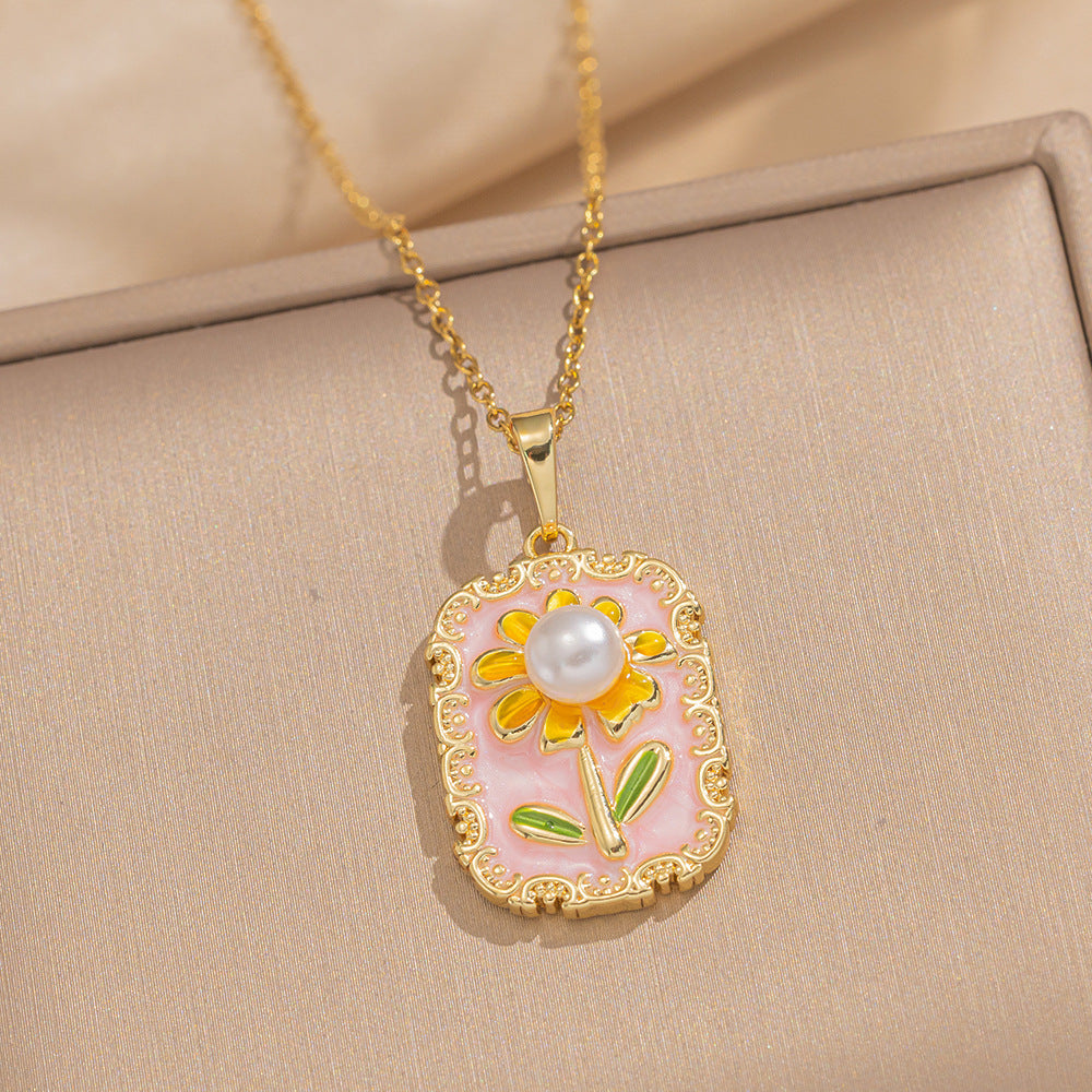 Baroque Style Leaf-Shaped Titanium Steel Necklace with Tulip Floral Motif, Vacuum-Plated for Hypoallergenic Wear, O-Chain Design