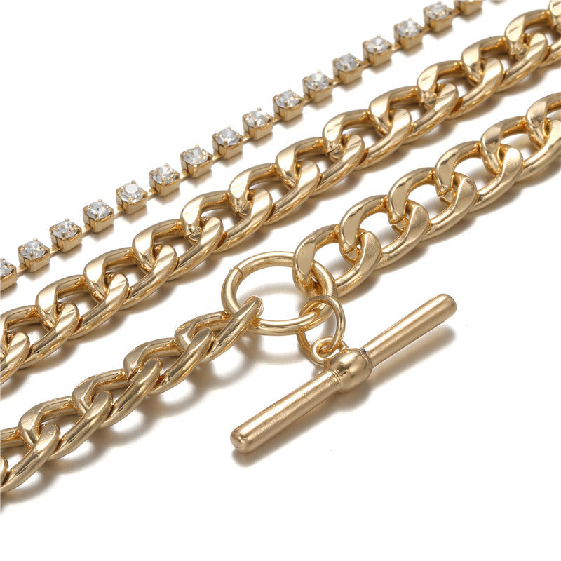 Vintage Elegant Geometric Round Rhinestone Plated Alloy Cable Chain Bracelet Set for Women