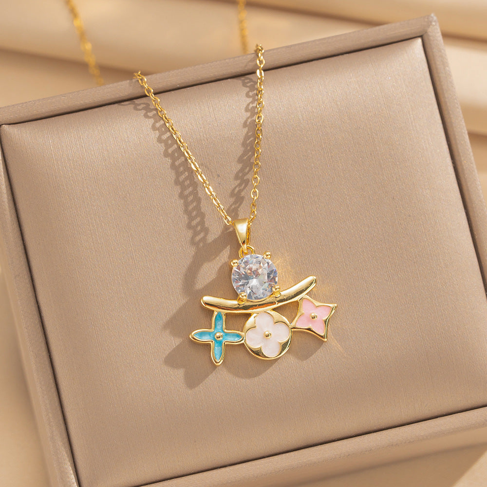 Collana con ciondolo in rame placcato oro 18 carati con smalto e zirconi micro-incastonati, a forma di cuore floreale geometrico, stile lussuoso leggero, con catena a maglie in acciaio al titanio per donna