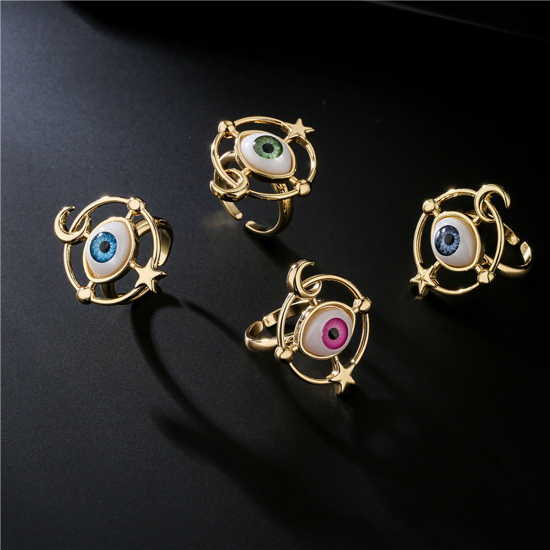Gold Plated Brass Geometric Star Moon Micro-Inlay Ring