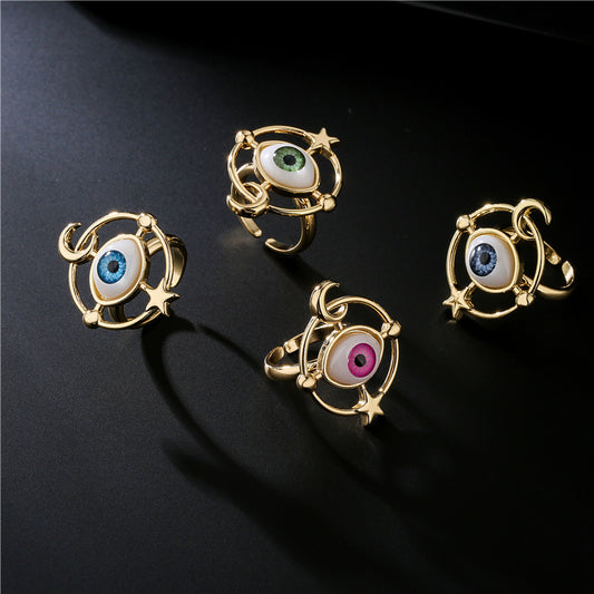 Gold Plated Brass Geometric Star Moon Micro-Inlay Ring