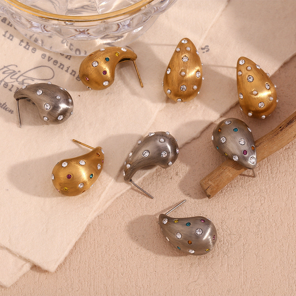 Pendientes de Acero Inoxidable con Forma de Gota Estilo Vintage de Moda, Baño de Oro de 18K y Acabado Cepillado Mate para Mujer