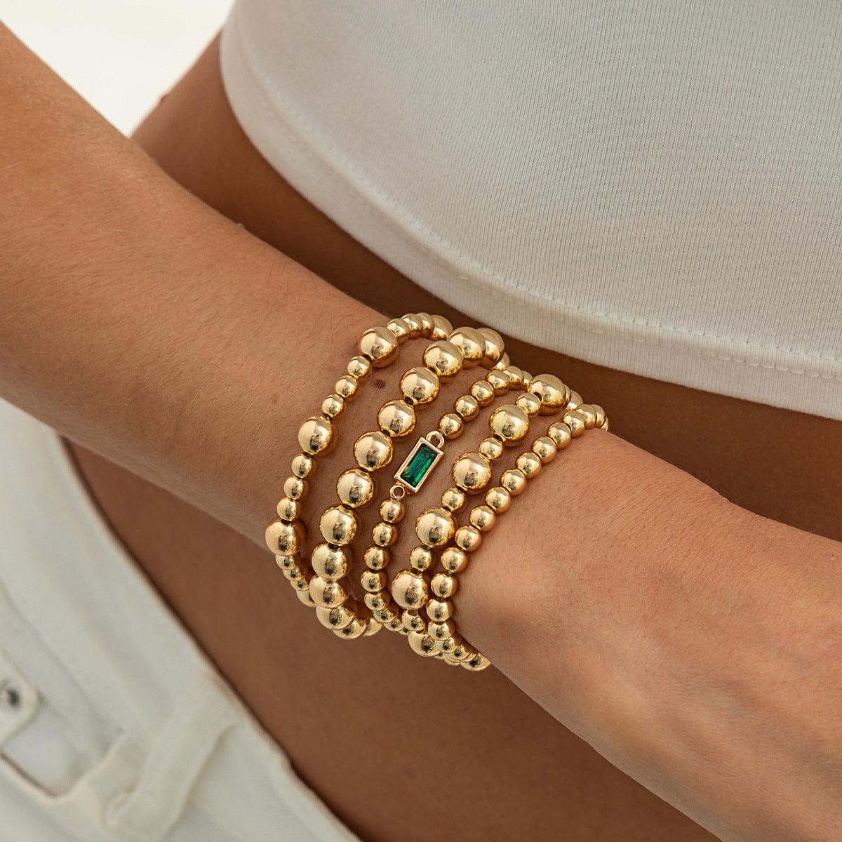 Minimalist Geometric Round Acrylic Plated Rhinestone Beaded Stretch Bracelet for Women