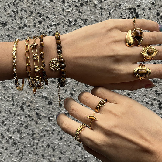 Anillo Ojo de Tigre Geométrico de Acero de Titanio con Chapado al Vacío de Oro PVD para Mujer, Accesorio de Moda de Acero Inoxidable