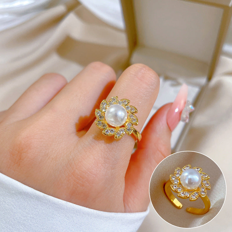 Luxury Minimalist Plated Brass Crown Rhinestone Adjustable Ring for Women