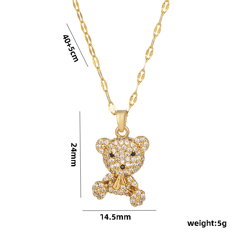 Collar minimalista de oso con micropavé de acero de titanio para mujer con cadena de bambú
