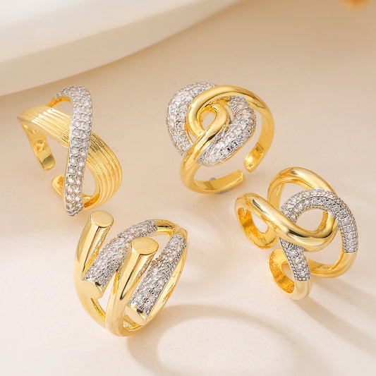 Anello Aperto Geometrico alla Moda da Donna con Base in Rame Placcata in Due Tonalità e Intarsio di Zirconi