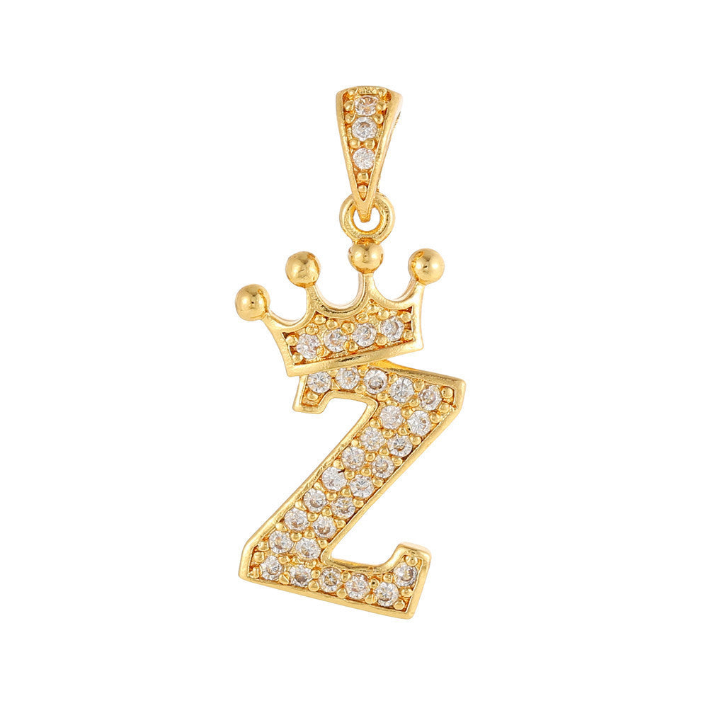 Gold Plated Brass Crown Letter Charm Bar with Cubic Zirconia for DIY Necklace Bracelet