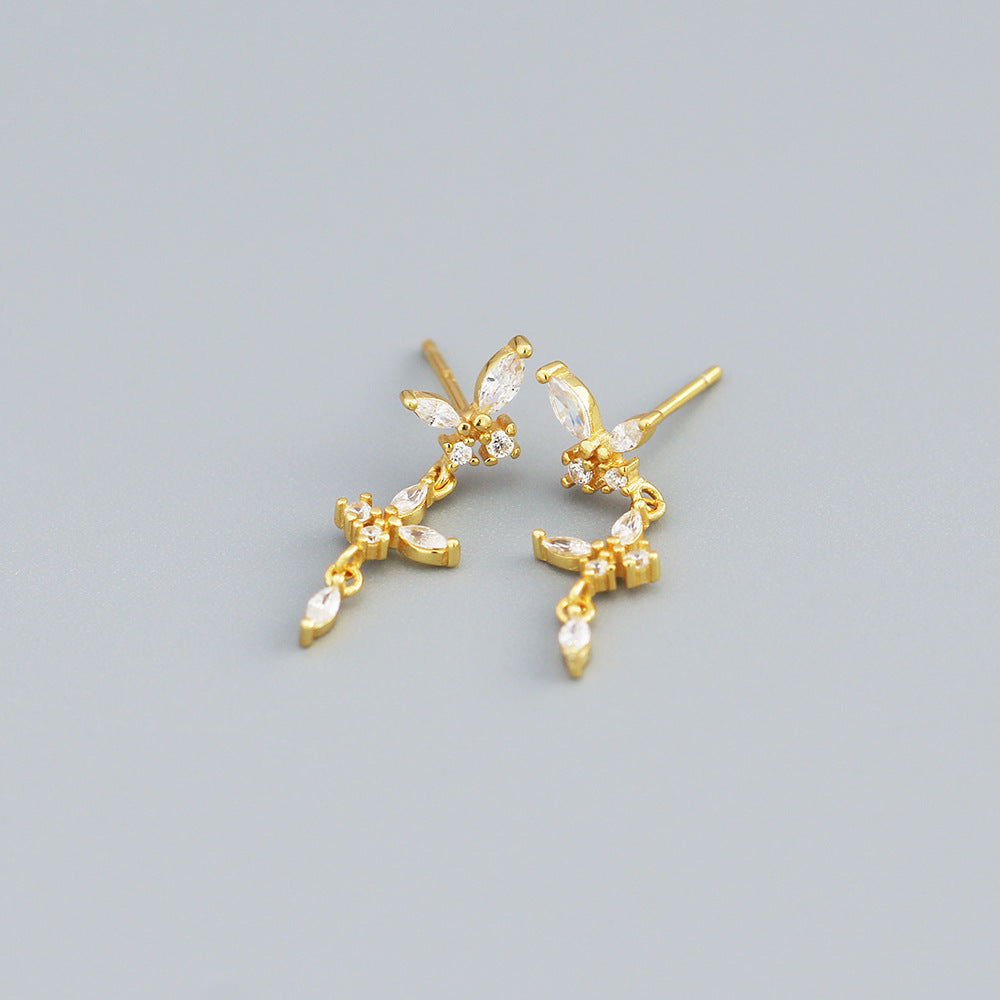 Minimalist Butterfly-Shaped S925 Sterling Silver Stud Earrings with Rhinestone Inlay and Dangling Fringe