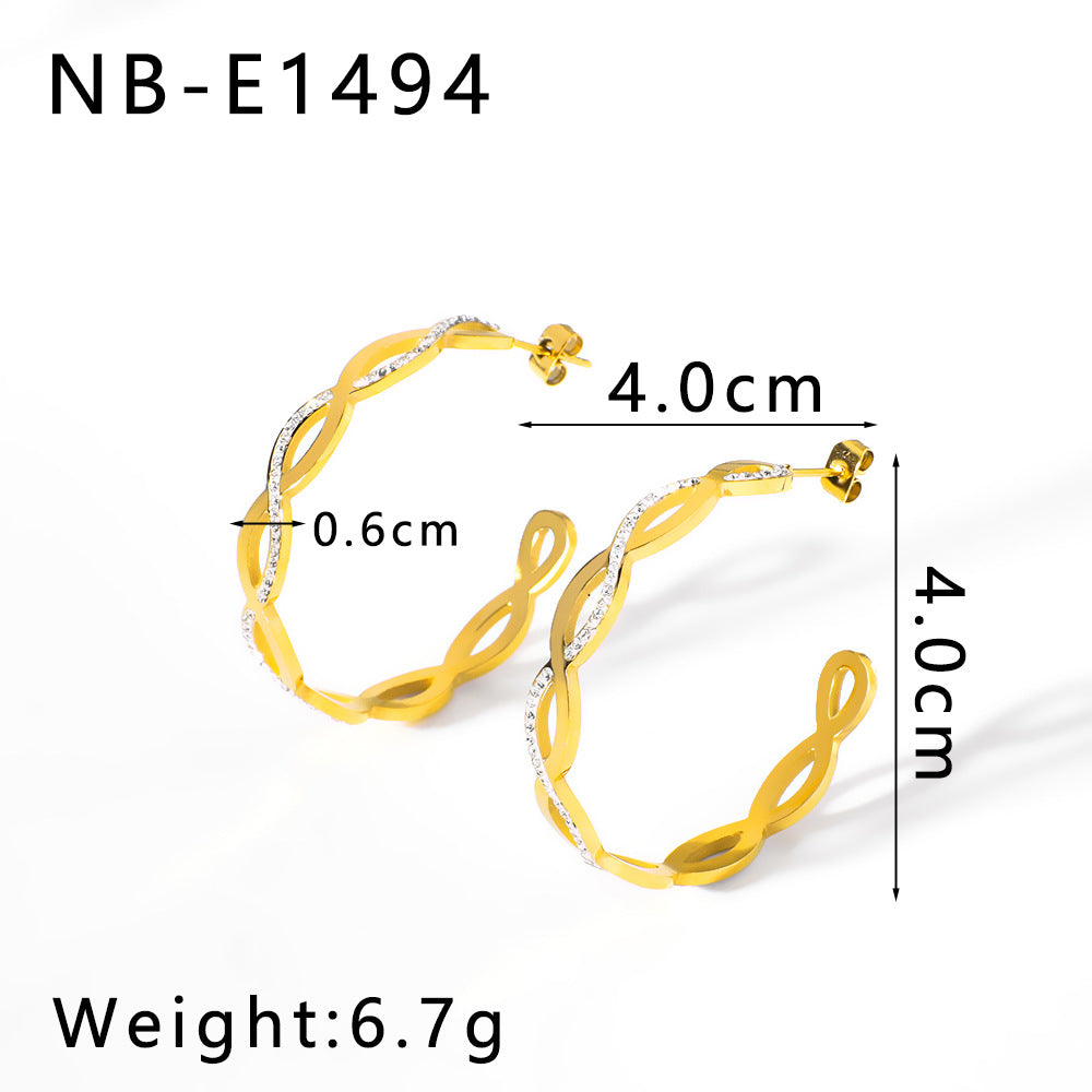Minimalist Geometric Stainless Steel Earrings with 18K Gold Plating and Rhinestone Inlay for Women
