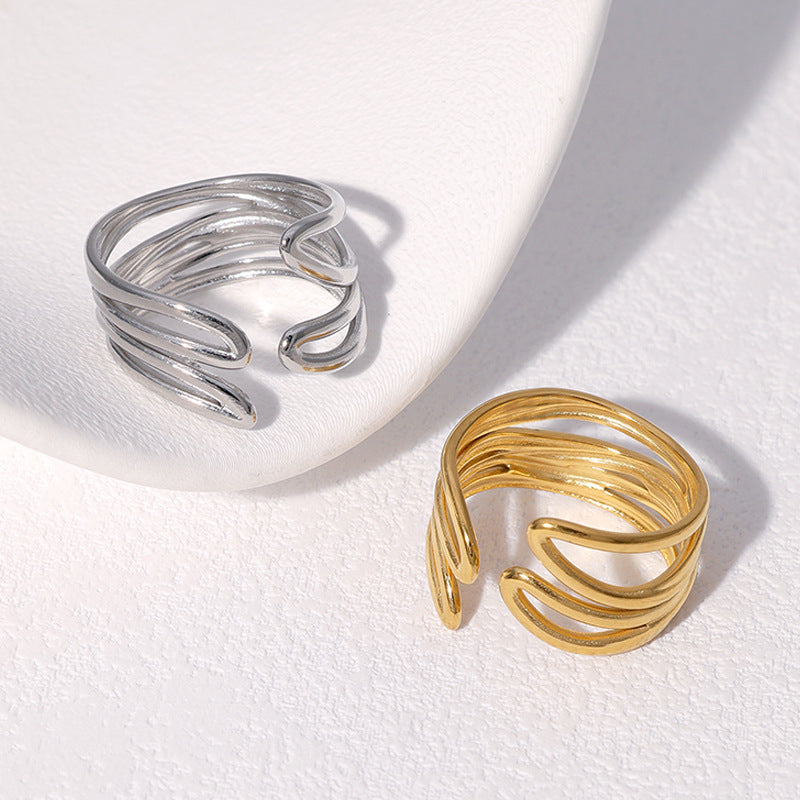 Minimalist Geometric Hollow Line Stainless Steel Adjustable Open Ring for Women with Plated Finish