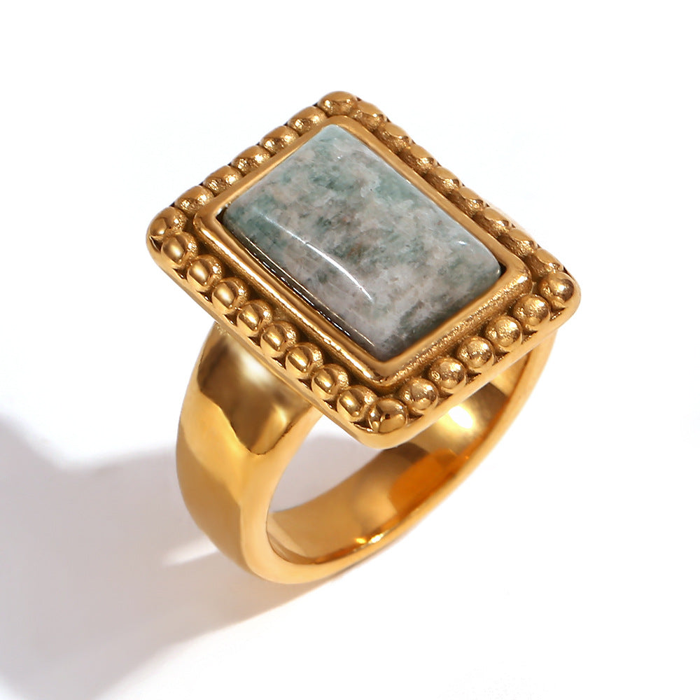Anello Geometrico in Acciaio Inossidabile d'Ispirazione Vintage con Placcatura in Oro 18K e Accento a Goccia in Pietra Naturale