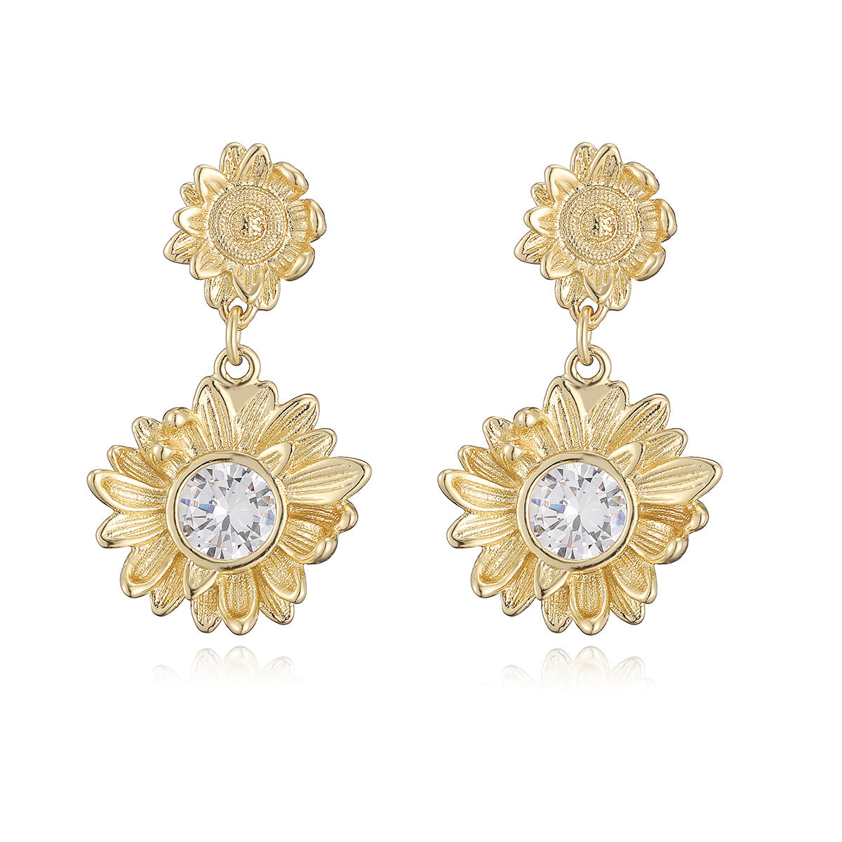 Minimalist 18K Gold Plated Brass Geometric Floral Earrings with Cubic Zirconia and Pearl for Women
