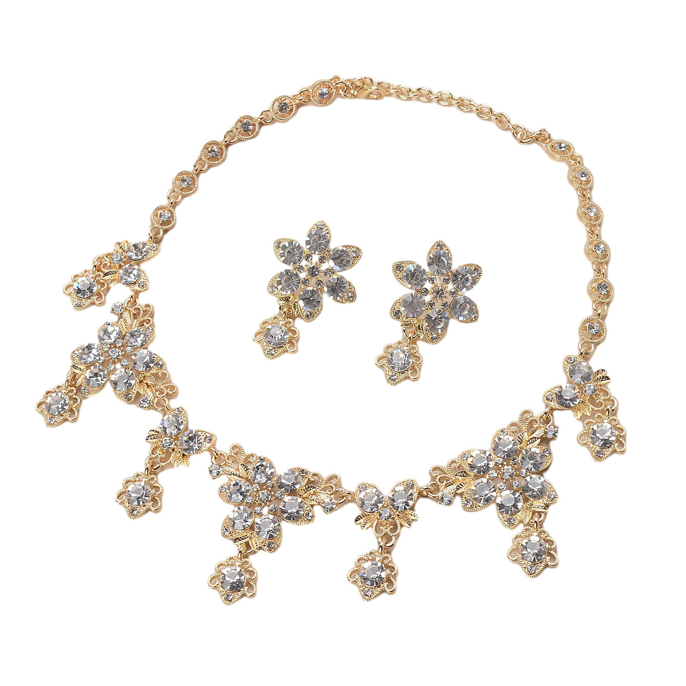 Sweet Geometric Alloy Necklace and Earring Set with Cubic Zirconia and Crystal Inlay for Women Wedding Bridal Jewelry
