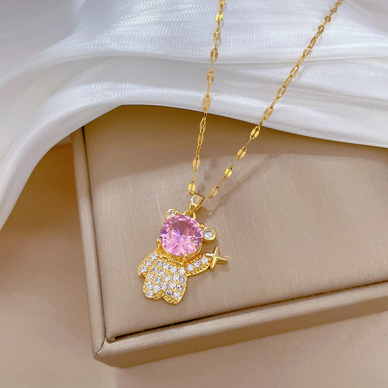 Minimalist Star and Bear Pendant Necklace for Women Stainless Steel Chain with Rhinestone Accents Lightweight Elegant Clavicle Chain