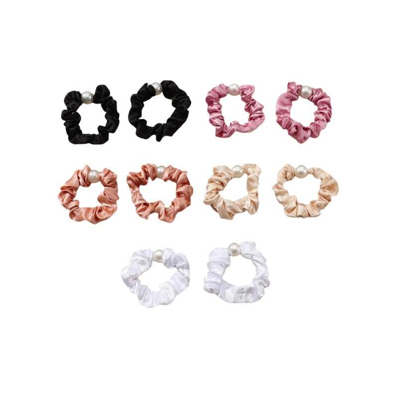 Minimalist Pearl-Embellished Satin Hair Ties Set for Kids with High Elasticity and Solid Colors