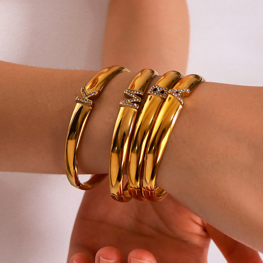 Ins Style Geometric Letter Bracelet for Women in Stainless Steel with Rhinestone Inlay and 18K Gold Plating