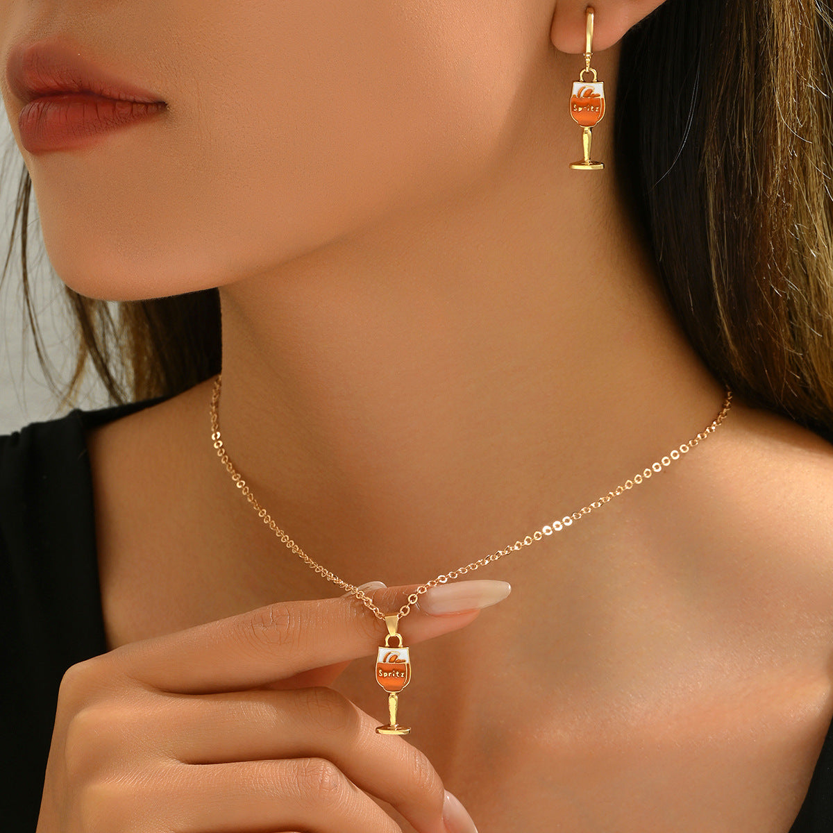 Minimalist Wine Glass Pendant Necklace and Earrings Set in Alloy with Enamel Finish for Women