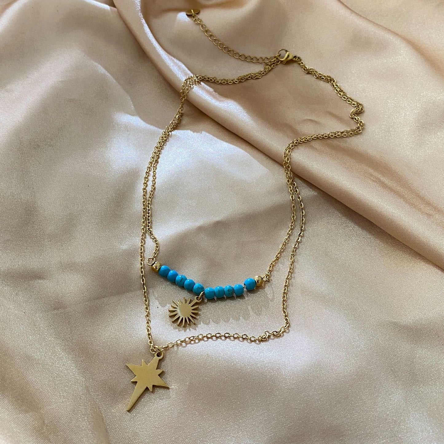 Luxury Geometric Sunflower Turquoise Inlay Titanium Steel Necklace Double Layer Cable Chain Unisex