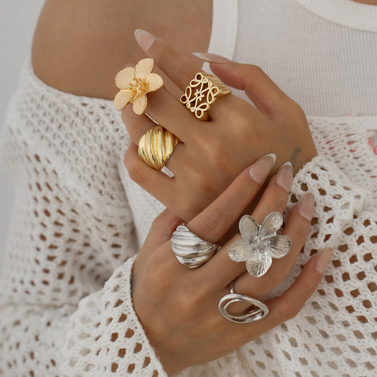 Minimalist Square Hollow Flower Zinc Alloy Plated Ring Set for Women