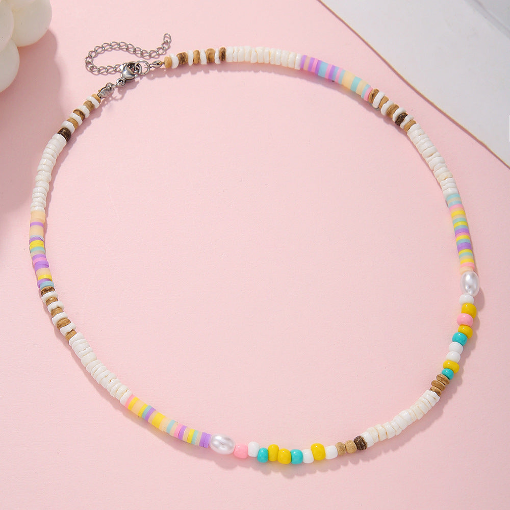 Bohemian Colorful Seed Pearl Geometric Stainless Steel Plated Necklace for Women