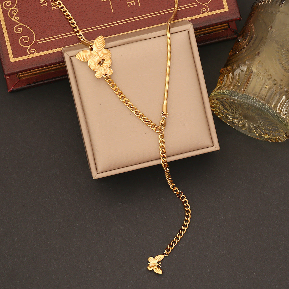 Fashionable Butterfly Pendant Necklace in Stainless Steel with Plated Finish and Snake Chain for Women