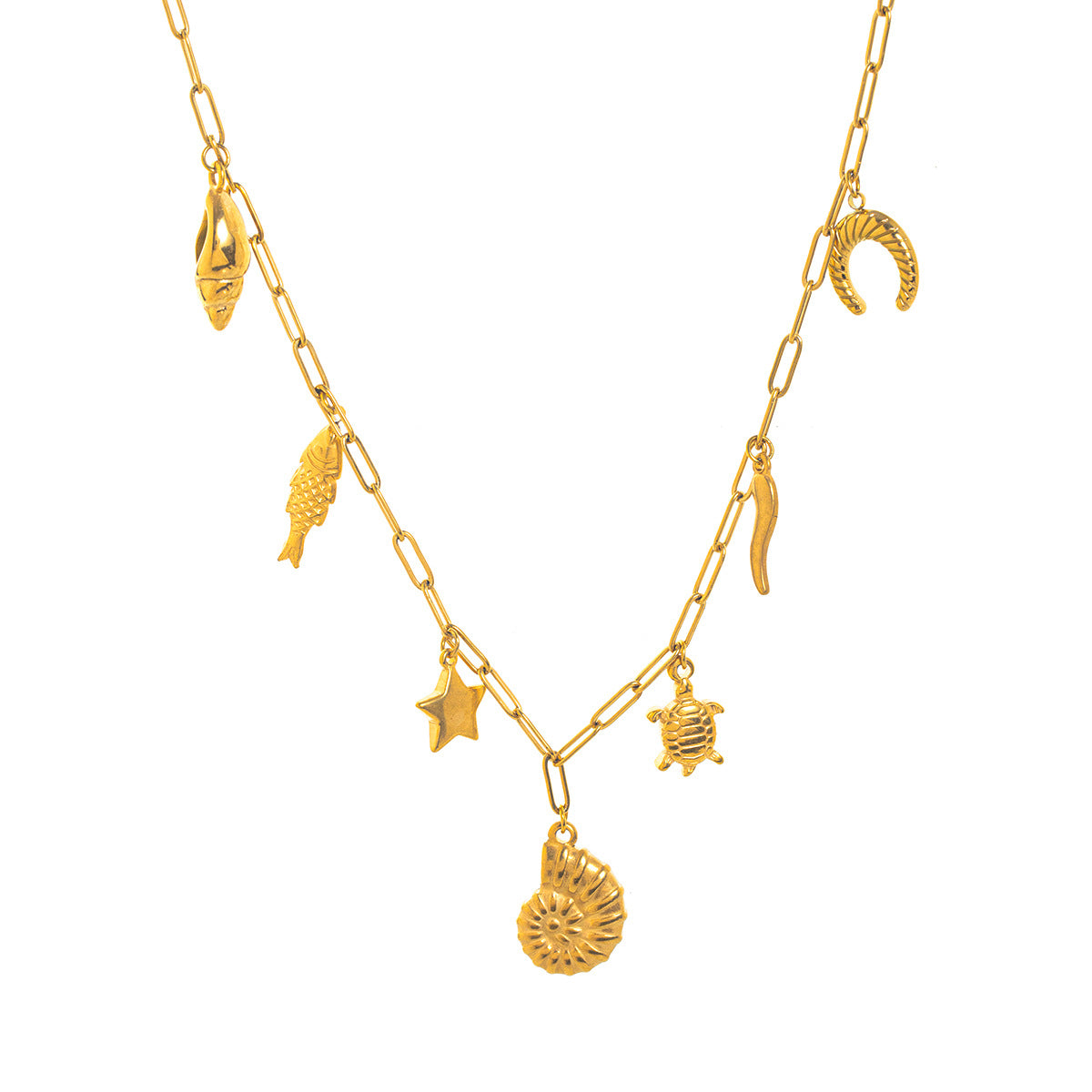 18K Gold Plated Stainless Steel Sea Turtle and Conch Shell Pendant Necklace for Unisex