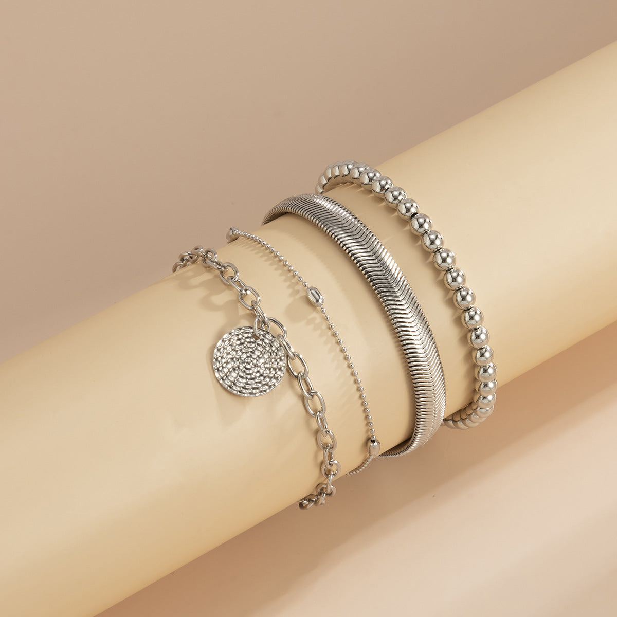 Punk Style Geometric Matte Round Pendant Bracelet Set with Snake Chain for Women