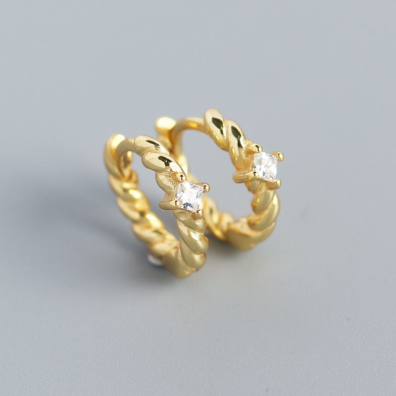 Minimalist Geometric S925 Sterling Silver Stud Earrings with Cubic Zirconia Inlay