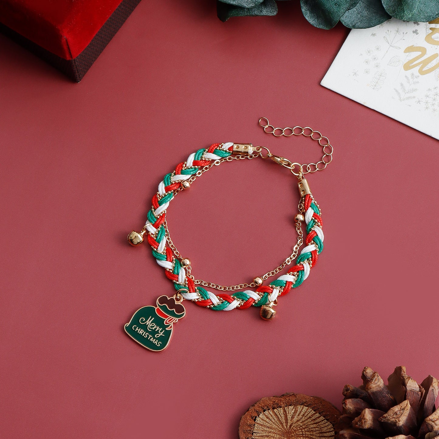 Handmade Christmas Bracelet with Santa Hat Charm, Colorful Two-Tone Braided Cord, Geometric and Cartoon Design, Electroplated Finish