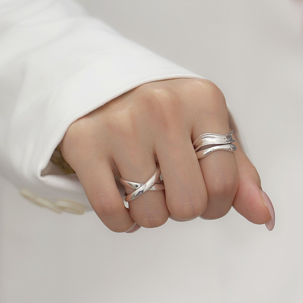 S925 Sterling Silver Women's Geometric Ring Double Layer Irregular Open Ring Fashion Jewelry