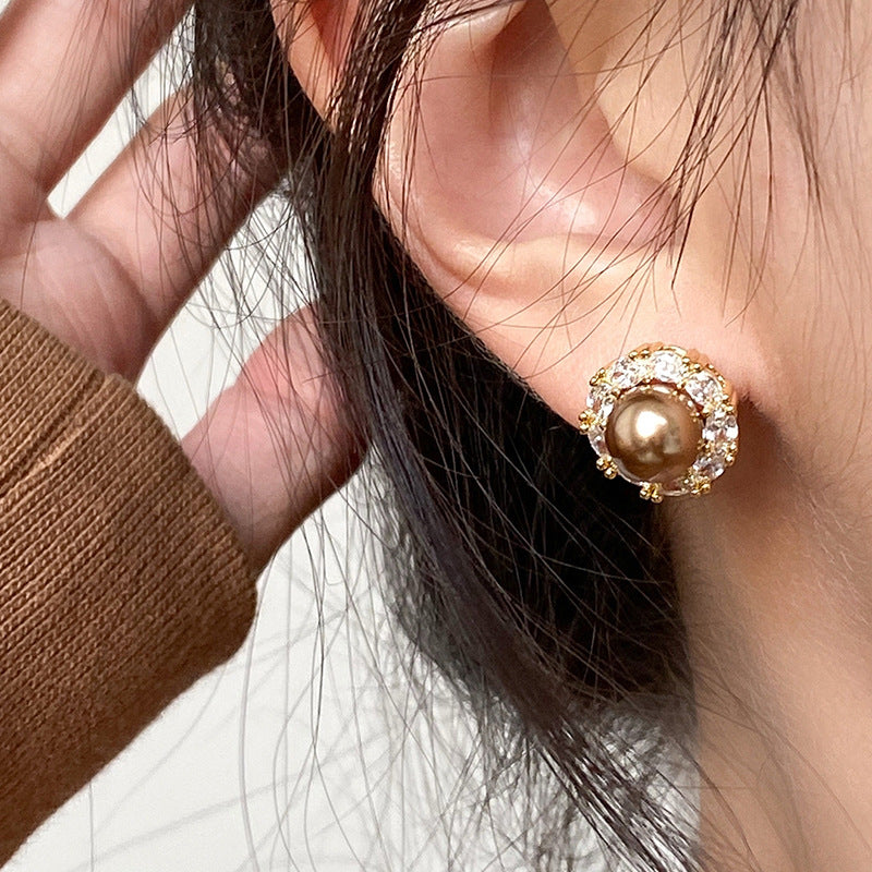 Eleganti Orecchini a Perno Retrò con Perle e Zirconi, a Forma Geometrica Rotonda, da Donna, Accessorio di Lusso Minimalista