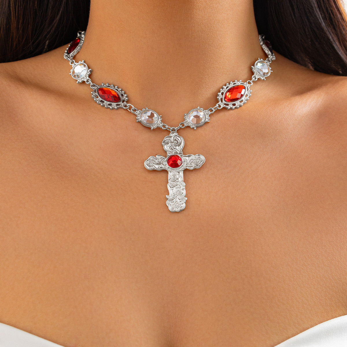 Exaggerated Cross Pendant Necklace for Women in Alloy with Rhinestone Inlay and Lava-Like Liquid Metal Design